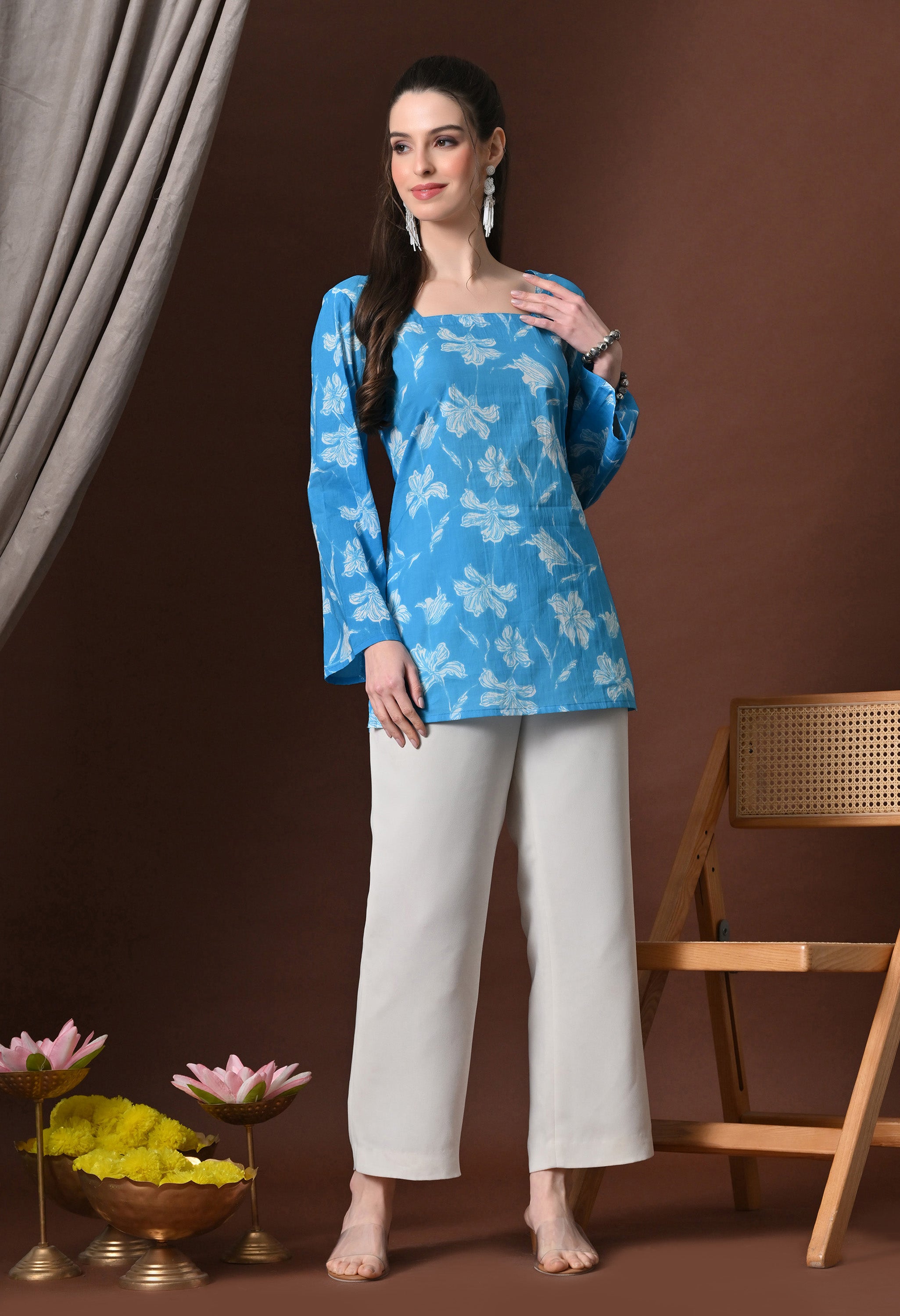 Cerulean Blue Floral Printed Tunic