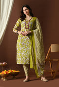 Lime Green & Maroon Floral Printed Suit Set