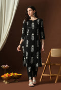 Black & Silver Foliage Print Kurta Set