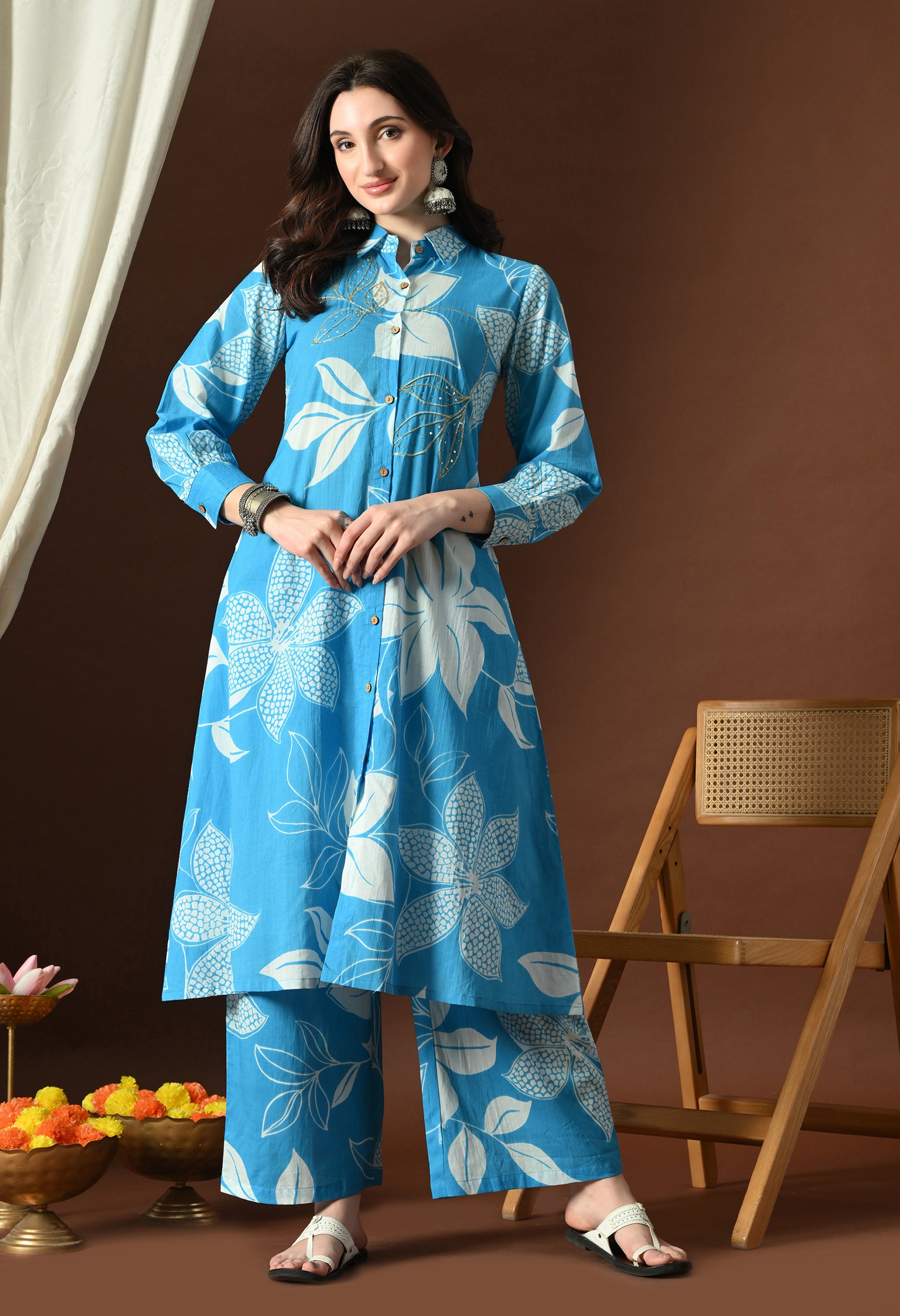 Azure Blue Button-Down Tunic Set