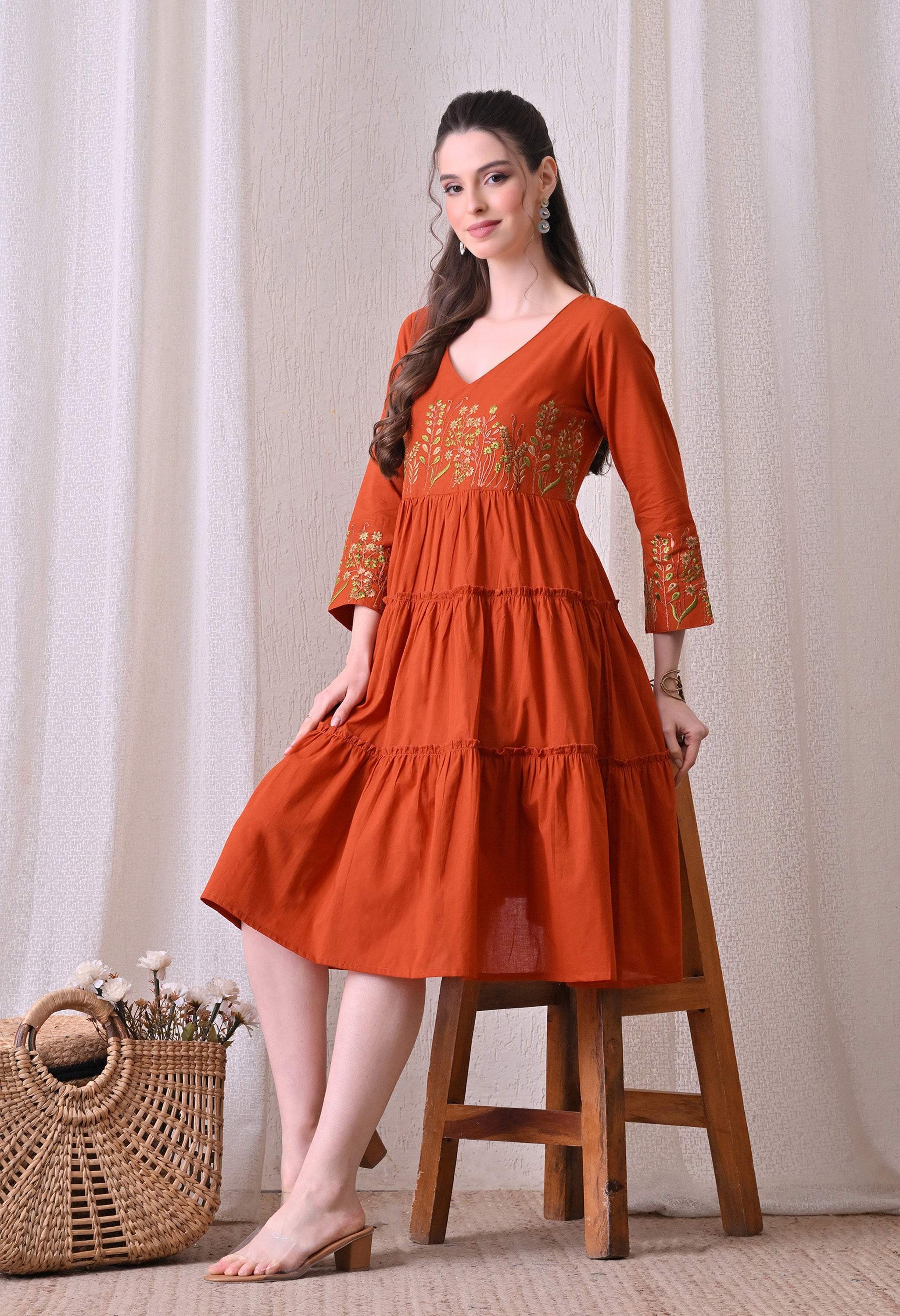 Embroidered Tiered Cotton Dress