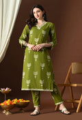 Printed Straight Kurta Set with Embroidered Neckline