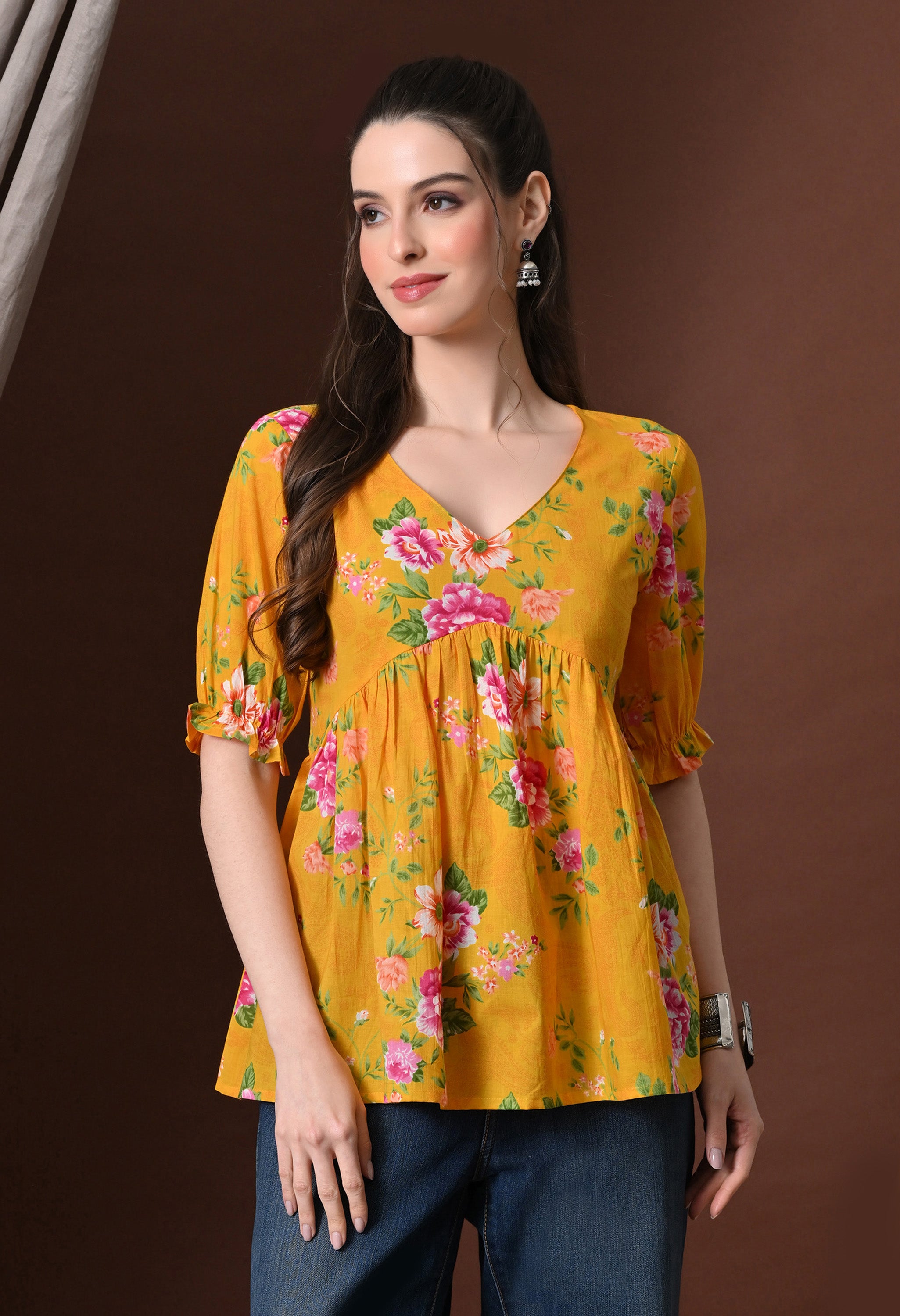 Mustard Floral Printed Short Kurti Top